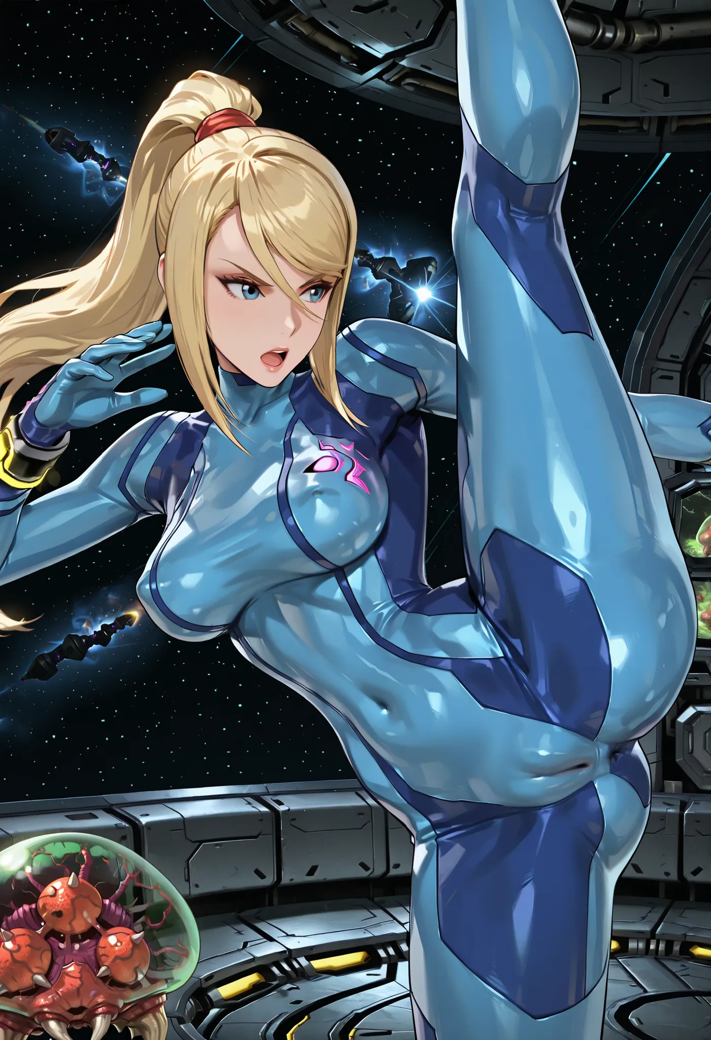 Zero Suit Samus,metroid,((solo)), blonde hair,blue eyes, ponytail,slenderbody,curvy,narrow waist,Wide Hips,middle breasts,thin tite blue bodysuit, bracelet,covered nipples,covered navel,(camel toe),coverd pussy,,(covered anus0.3),space base,open thighs wid...
