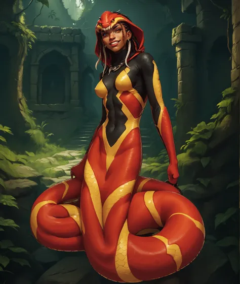 Serious expression. Humanoid snake. Beautiful anthro snake-girl. Slender naga body. Yellow/black/orange/red snake-skin. Cute 18-year-old Naga/Lamia-girl with red slanted eyes and cobra-hood and unnaturally sharp teeth and black dreadlocks with white highli...