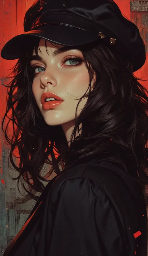 anime artwork (dark mood masterpiece Photography:1.2) a young woman with beautiful eyes, bold eyeliner  sensuous lips, cheeky expression, naughty, flirting, (smiling:0.65), wearing a black suit, back hat cap, long wavy hair, black hair, (fine erotic conten...
