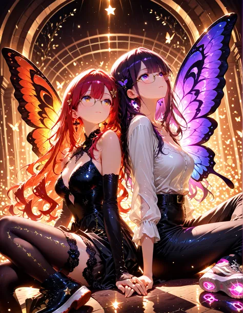  (masterpiece:1.3), (highly detailed image:1.3), (vivid colors:1.2), (4K resolution), (cinematographic photography:1.3), (dynamic angle:1.2), (perfect human anatomy:1.3), a couple of two beautiful women, one with long red hair wavy at the ends, a butterfly...