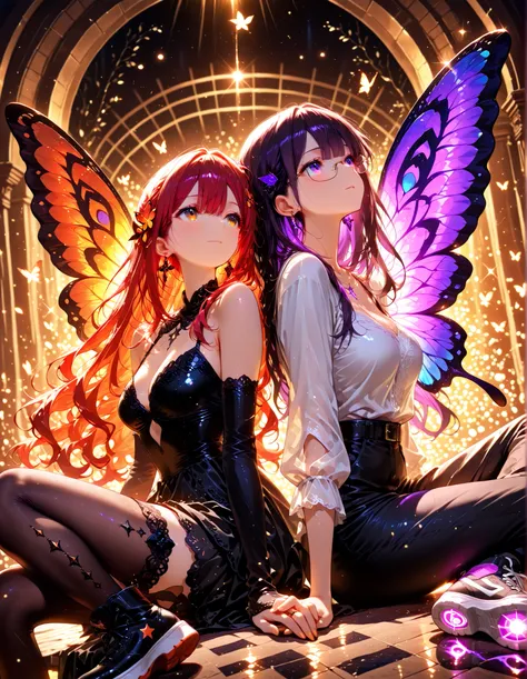  (masterpiece:1.3), (highly detailed image:1.3), (vivid colors:1.2), (4K resolution), (cinematographic photography:1.3), (dynamic angle:1.2), (perfect human anatomy:1.3), a couple of two beautiful women, one with long red hair wavy at the ends, a butterfly-shaped hair clip with purple and gold details, wearing a white lace dress, black mid-calf boots, purple eyes; the other with long dark hair, wearing glasses, a white blouse with black dress pants, black All Star sneakers, brown eyes; ((the scene shows one sitting back to back, holding hands)), heads touching, one looking up and the other looking down; in the silhouette of each, a projection of a huge butterfly wing coming out of each one's back; small butterflies flying around the scene; (perfect lighting:1.3), (ray tracing:1.2), (physically accurate shadows:1.2), (lighting in the hair:1.3), harmonious atmosphere like a sweet surreal dream in the background, (warm tones:1.2), (beautiful and vivid colors:1.3) 