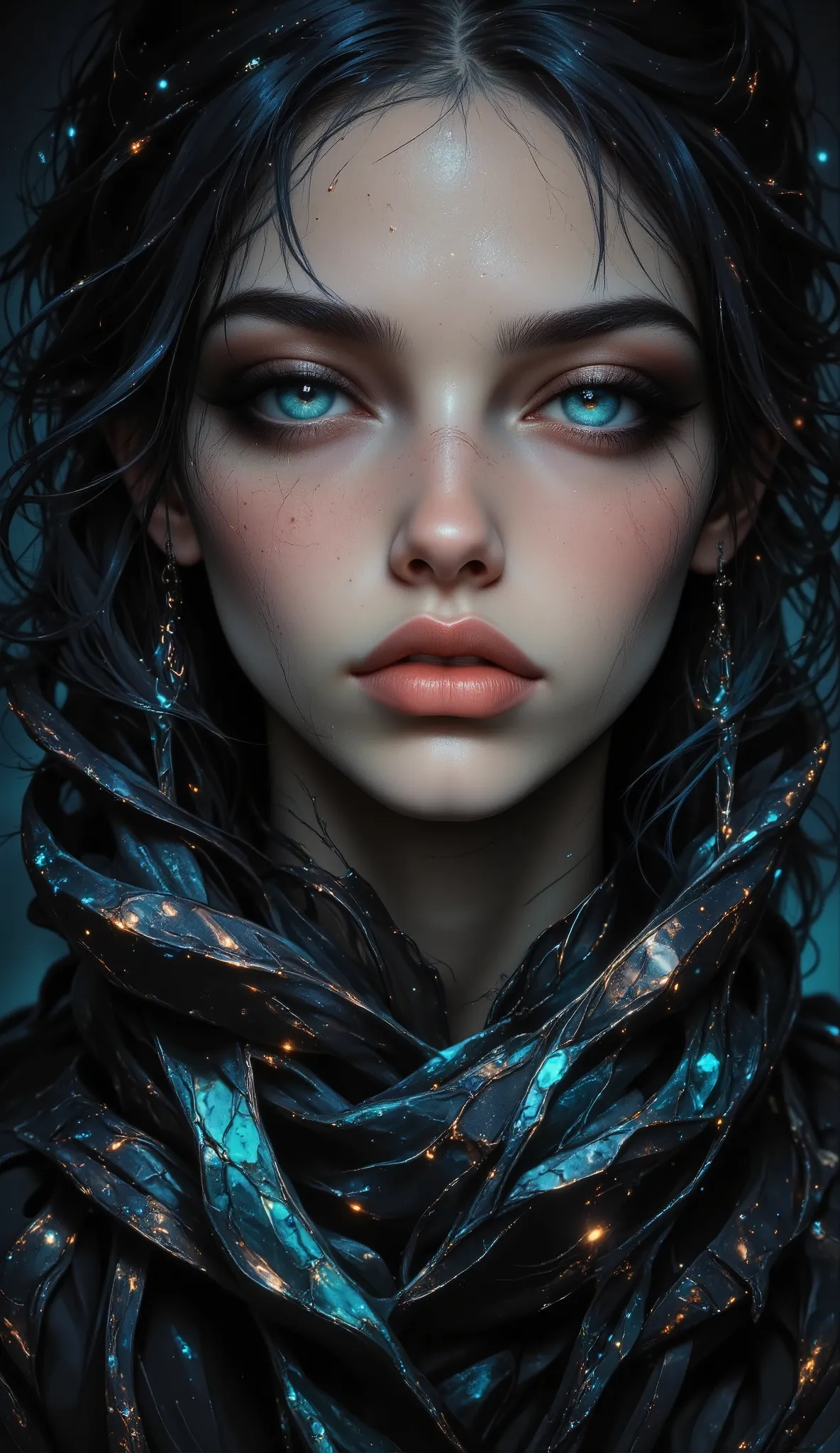 High-contrast, dramatic close- up photograph of a girl with blue eyes and blue/black hair, the hair is over her face and over her eyes, featuring bright turquoise accents and intense blue eyes, against a dark background, with intricate textures and vibrant...