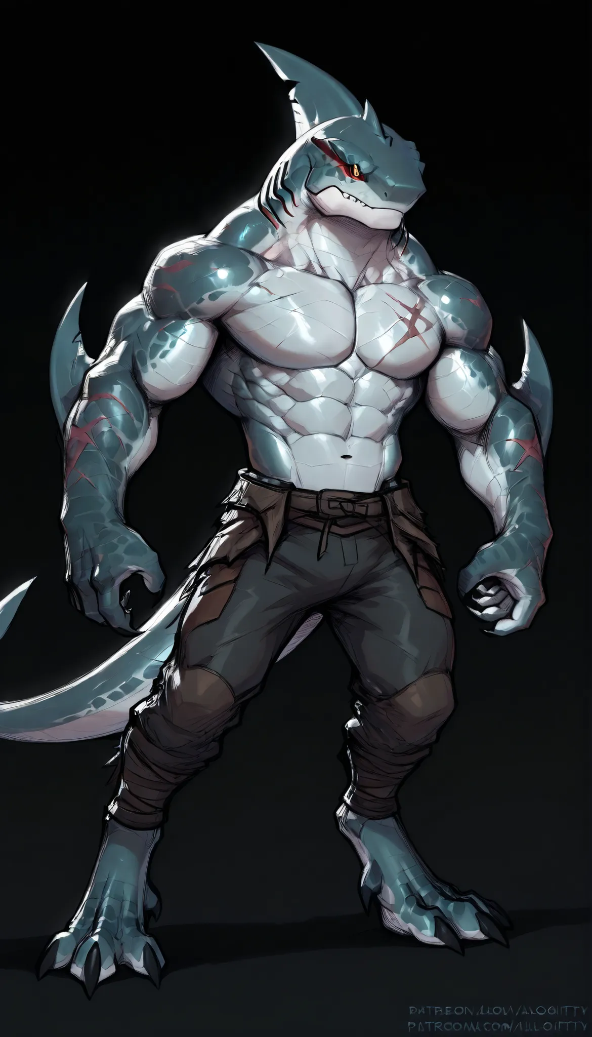 sharkman, anthro megalodon, darker hands and fins, solo, big arms, bara, detailed skin, lizard shark hybrid, anthro, closed mouth, polynesian tattoos, tattoos covering arm and shoulder, detailed scalie skin, scalie arms, fins on arms, gray color body, beef...