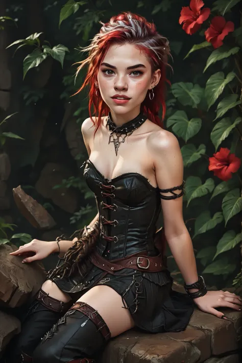 Slender body. White skin. Cute 18-year-old girl with big Asian red eyes and unnaturally sharp teeth and dreadlocks with white highlights. Sharp and pointy teeth. She has a cute and beautiful face. She has a round and young face with a pointy chin. Her body...