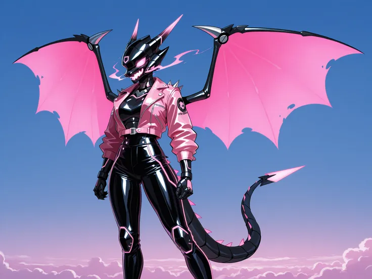 Furry dragon mechanical woman, with black scales, with dragon horns, with dragon tail, with pink dragon wings, with futuristic black helmet , , with glowing mouth, with pink leather  short jacket with spikes, leather pants, in a jet black, white, and pink ...