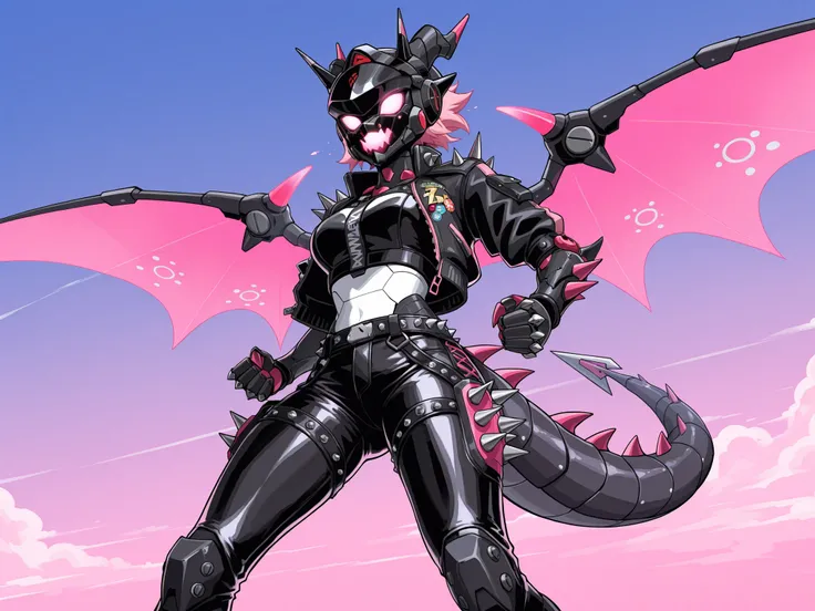 Furry dragon mechanical woman, with black scales, with dragon horns, with dragon tail, with pink dragon wings, with futuristic black helmet , , with glowing mouth, with pink and black leather  short jacket with spikes, leather pants, in a jet black, white,...