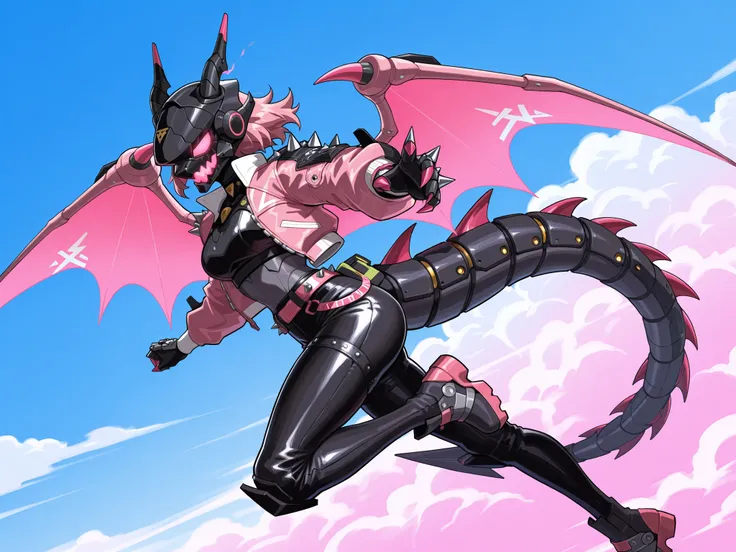 Furry dragon mechanical woman, with black scales, with dragon horns, with dragon tail, with pink dragon wings, with futuristic black helmet , , with glowing mouth, with pink leather  short jacket with spikes, leather pants, in a jet black, white, and pink ...