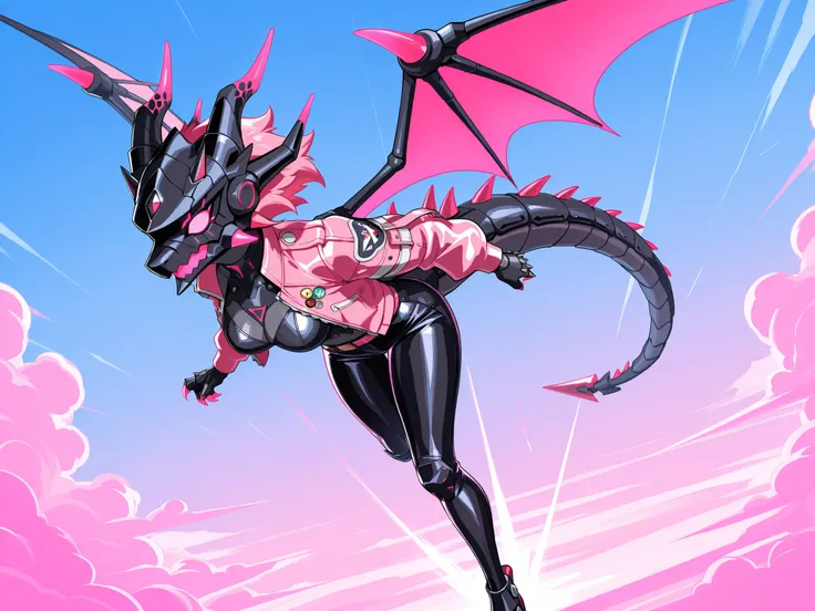 Furry dragon mechanical woman, with black scales, with dragon horns, with dragon tail, with pink dragon wings, with futuristic black dragon helmet , , with glowing pink mouth, glowing pink eyes, with pink leather  short jacket with spikes, leather pants, i...