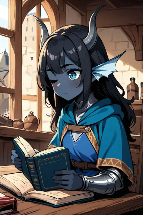 Tifling girl with dark blue-gray skin, with two fins on her head, Good view, black hair, gray-black horns on head. One right eye is completely black. skin pigmentation. Dressed in medieval clothes, blue robe. Reading an old book while sitting by a tavern window. close-up portrait. Against the background, a medieval tavern. Outside the window is a medieval magic city.