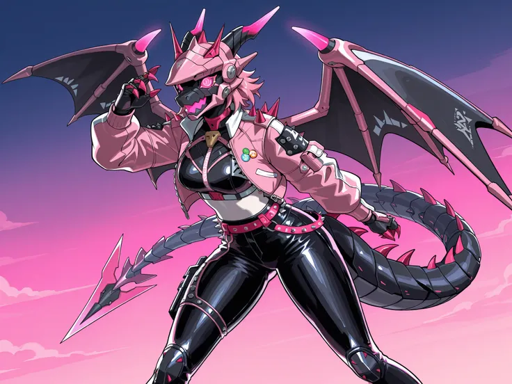 Furry dragon mechanical woman, with black scales, with dragon horns, with dragon tail, with pink dragon wings, with futuristic black dragon helmet , , with glowing pink mouth, glowing pink eyes, with pink leather  short jacket with spikes, leather pants, i...