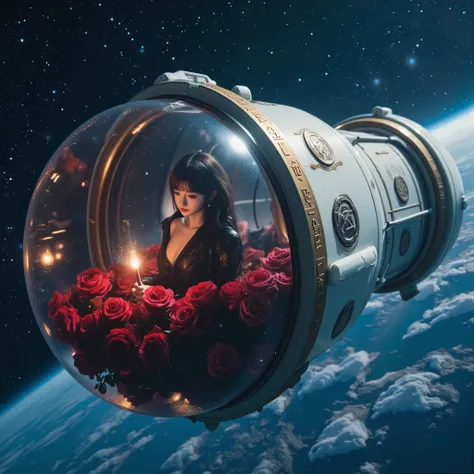 LifeLike Panoramic Live-Action of ExtremelyDetailed A 10feet capsule carrying a beautiful magical girl in cold sleep travels through space at the speed of light, The capsule has runes written on it, a magic circle is deployed around it, and the inside is f...