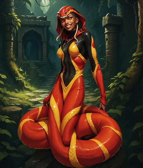 Serious expression. Humanoid snake. Beautiful anthro snake-girl. Slender red and yellow-striped naga body. Yellow/black/orange/red snake-skin. Cute 18-year-old Mongol Naga/Lamia-girl with red slanted eyes and cobra-hood and unnaturally sharp teeth and blac...