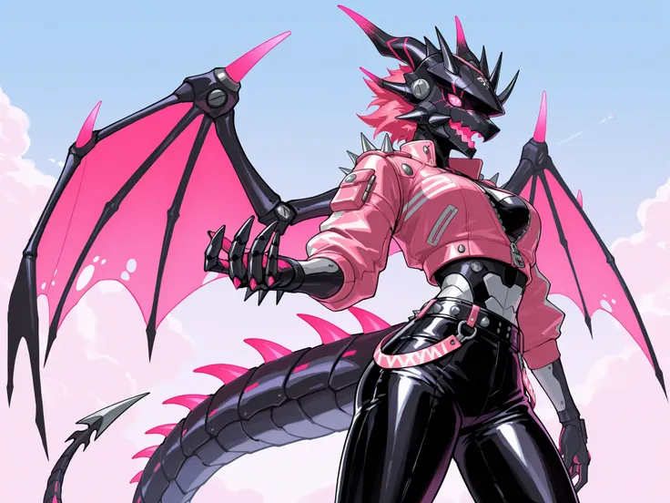 Furry dragon mechanical woman, with black scales, with dragon horns, with dragon tail, with pink massive dragon wings, with futuristic black dragon helmet , , with glowing pink mouth, glowing pink eyes, with pink leather short jacket with spikes, leather p...