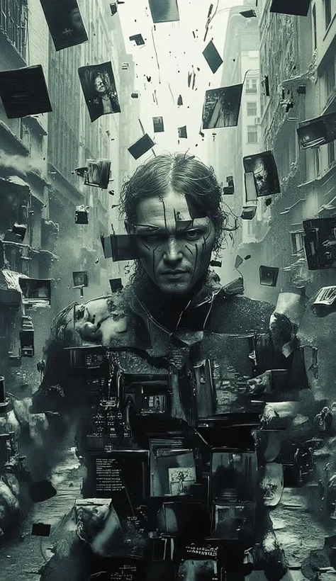 a surreal and melancholic scene of a fractured man, expression full of despair and sadness, frozen at the center of the image as if time has stopped for him. In the background, a ghostly, motion-blurred city moves around him, full of spectral figures and d...