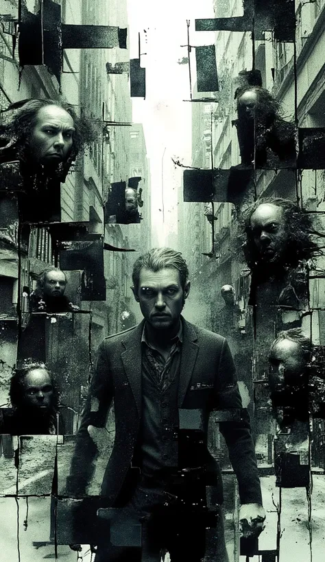 a surreal and melancholic scene of a fractured man, expression full of despair and sadness, frozen at the center of the image as if time has stopped for him. In the background, a ghostly, motion-blurred city moves around him, full of spectral figures and d...