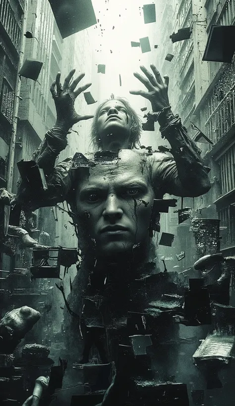a surreal and melancholic scene of a fractured man, expression full of despair and sadness, frozen at the center of the image as if time has stopped for him. In the background, a ghostly, motion-blurred city moves around him, full of spectral figures and d...