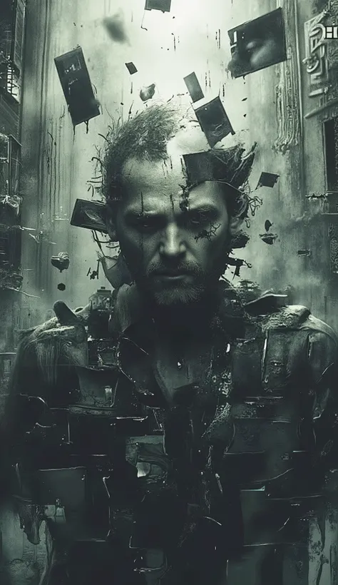 a surreal and melancholic scene of a fractured man, expression full of despair and sadness, frozen at the center of the image as if time has stopped for him. In the background, a ghostly, motion-blurred city moves around him, full of spectral figures and d...