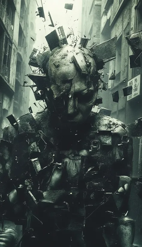 a surreal and melancholic scene of a fractured man, expression full of despair and sadness, frozen at the center of the image as if time has stopped for him. In the background, a ghostly, motion-blurred city moves around him, full of spectral figures and d...
