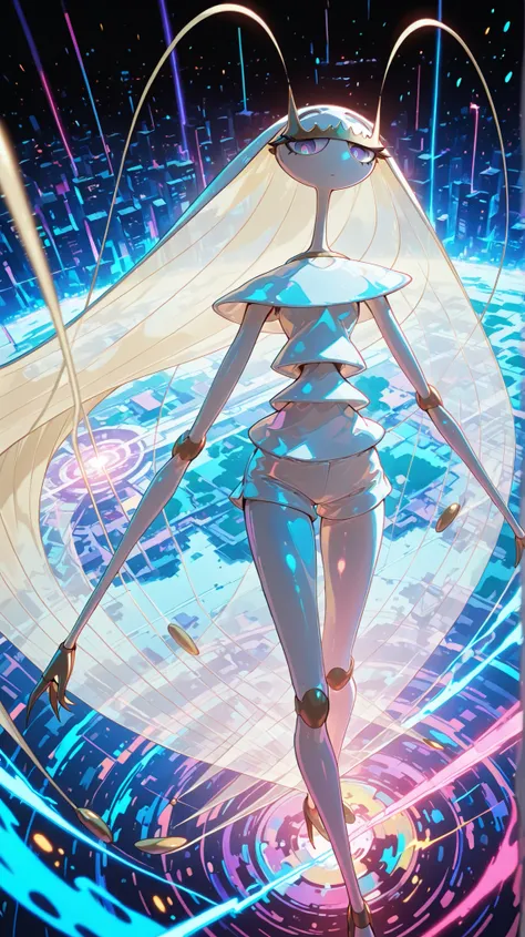 Pheromosa from Pokemon, White Body, Thin Waist, Very Thin Waist, WaspWaist, Solo, Aerial View,vibrant colors, cel shading, Simplistic Art Style, looking at viewer, solo,((action:1.2)),((battle))