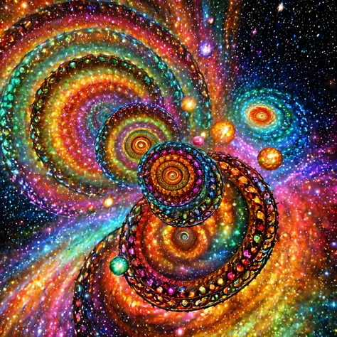 The Three Graces, in a very colorful and fantastic representation, spinning in the spirals of a galaxy.