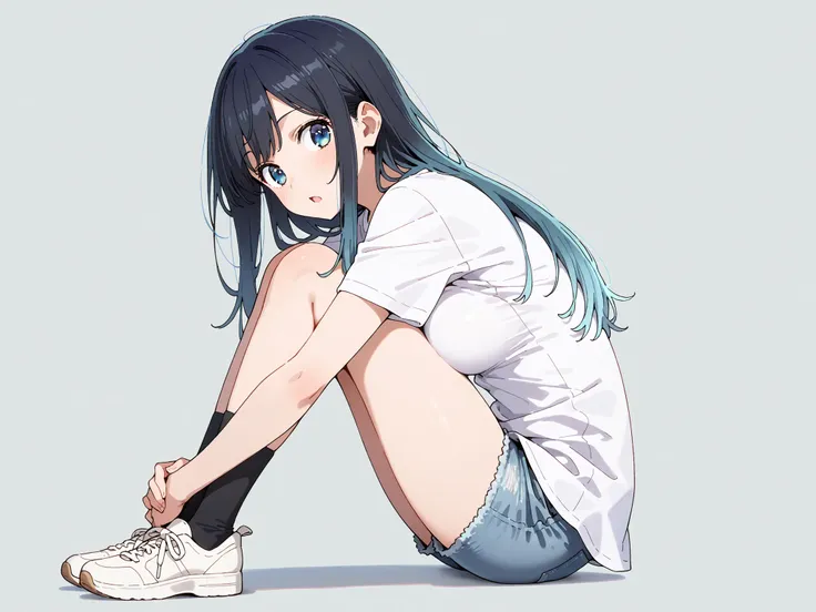 high quality, masterpiece, 1girl, simple background, sitting, hugging own legs, leaning forward, from side, (hip focus:1.1), full body, looking to the side, curious, open mouth, eye highlights, white shirt, short sleeves, navy denim shorts, black socks, wh...