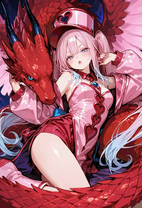 Nice human girl magician, intense lightblue eyes, very long twintails lightpink hair , Fierce Big red Dragon in background.
