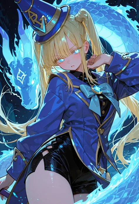748cmstyle, Ones, Nice human girl magician, intense lightblue glowing eyes, very long twintails blonde hair , Fierce Big rBlue Dragon in background.
