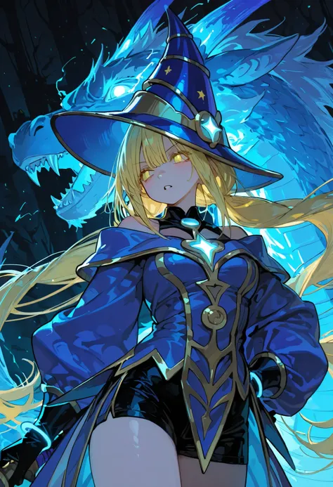 Nice human girl magician, intense lightblue glowing eyes, very long twintails blonde hair , Fierce Big rBlue Dragon in background.
