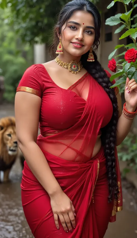 Indian beautiful sexy  woman bhabhi, Sindoor aka Vermilion mark in middle partition of hairs, middle parting ornament in hairs, Golden long necklace, Satin blouse, very deep cleavage, curvy plus size model wearing wet Satin saree, red nail polish, plenty r...