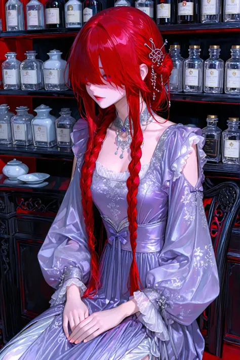 The girl with the copper skin. She has purple glowing eyes and dark purple eye shadow. She has a red eyebrows and red eyelashes. She has fiery scarlet red longest hair braided in a loose braid that floats in the air. her red hair over eyes hiding half of h...