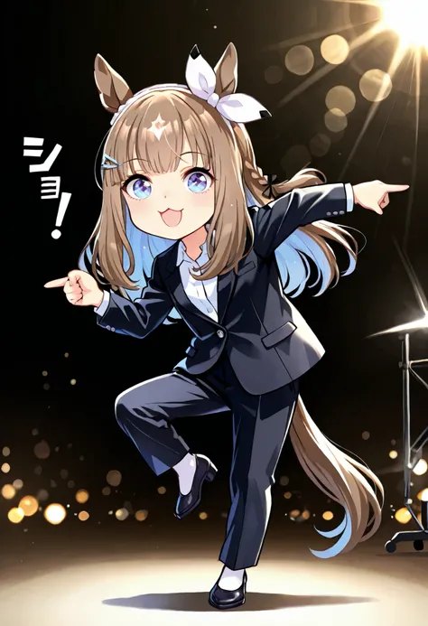 chibi, (masterpiece, best quality, perfect face:1.4), wide angle, almond eye \(umamusume\), white hair ornament, horse ears, horse tail, tail on the lower back, proportional body, proportional,1 girl, beautiful hair, beautiful face, beautiful detailed eyes...