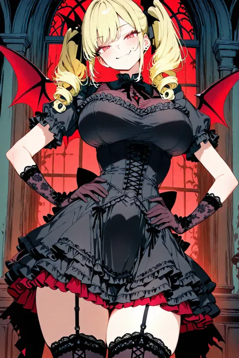 1 woman, solo, 28yo, small vampire wings, voluptuous body, wide hips, hourglass-shaped body, thick thighs, very large breasts, tight top, gothic sleeveless top, sexy black gothic top, breasts window, frilled detached short sleeves, high waistline skirt, lo...