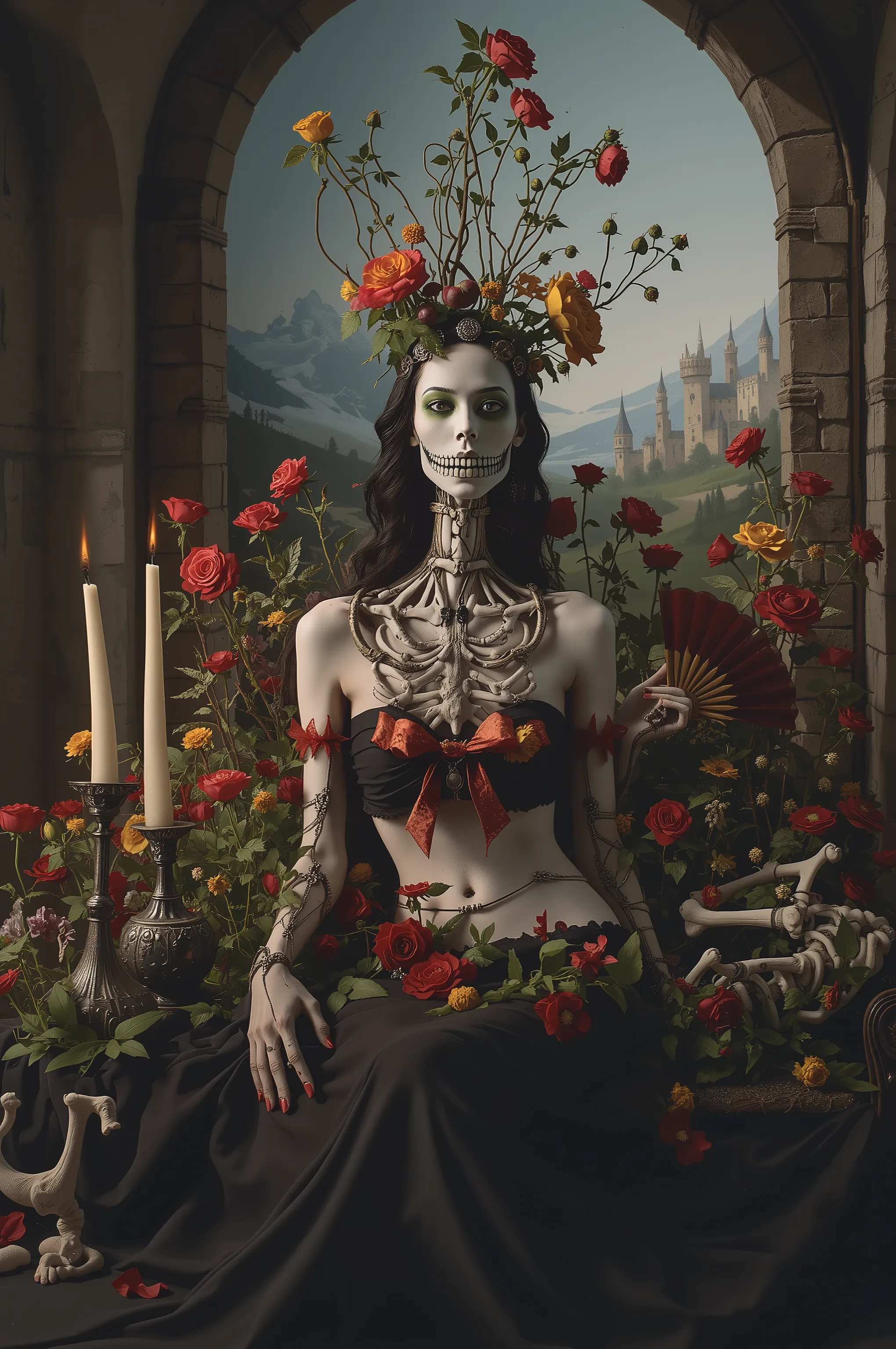 Ultra-realistic, photo-realistic, cinematic photography, realistic, hyperrealistic. A striking figure with an intricately elongated and skeletal neck creates a dramatic and surreal impression. The skin is pale, almost ghostly, stretching over the sinewy ...
