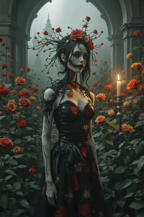 Ultra-realistic, photo-realistic, cinematic photography, realistic, hyperrealistic. A striking figure with an intricately elongated and skeletal neck creates a dramatic and surreal impression. The skin is pale, almost ghostly, stretching over the sinewy ...