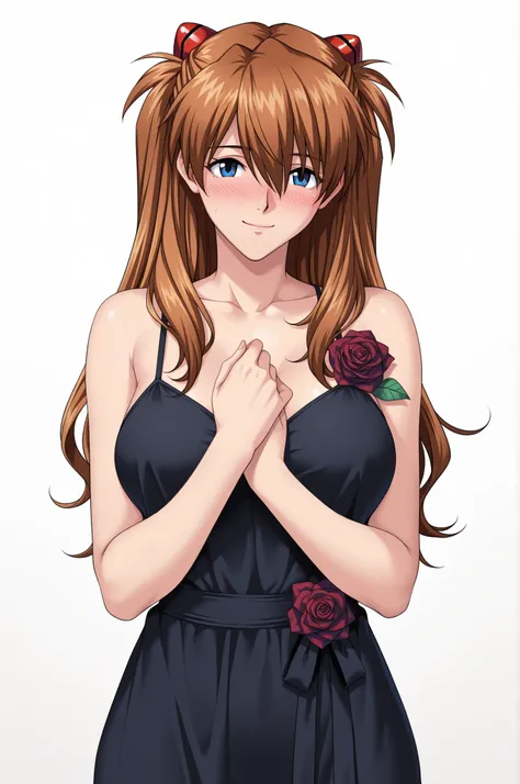 source_Evangelion,  cowboy shot, top quality。masterpiece。anatomically accurate。highly detailed eyes, perfect eyes, (Soryu Asuka Langley。brown hair。blue eyes, solo, mature female, feminine, long hair, kind smile, blush, standing), (big breasts:0.7), (black ...