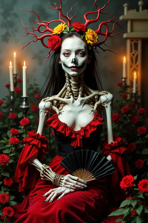 Ultra-realistic, photo-realistic, cinematic photography, realistic, hyperrealistic. A striking figure with an intricately elongated and skeletal neck creates a dramatic and surreal impression. The skin is pale, almost ghostly, stretching over the sinewy ...