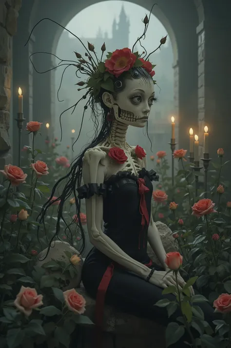 Ultra-realistic, photo-realistic, cinematic photography, realistic, hyperrealistic. A stunning figure with an intricately elongated and skeletal neck creates a dramatic and surreal impression. The skin is pale, almost ghostly, stretching over the sinewy ...