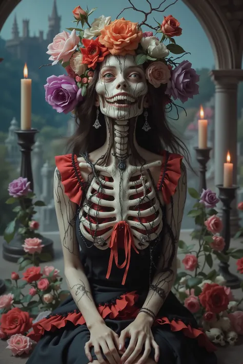 Ultra-realistic, photo-realistic, iconic character, cinematic photography, realistic, hyperrealistic, icon style. A striking figure with an intricately skeletal neck which creates a dramatic and surreal impression. The skin is pale, almost ghostly, stretc...