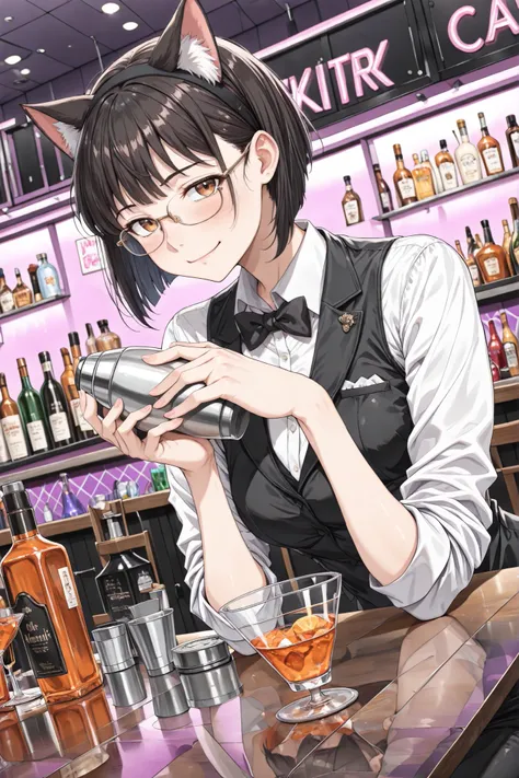 (newest, clear composition, masterwork, masterpiece, best quality, hyper-detailed, 8k uhd:1.4), anime style , 1girl,black hair,Pixie Bob with Shaved Nape ,bangs ,auburn eyes ,red under-rimmed glasses,cat ears headband, bad smile face,bartender, bartending,...