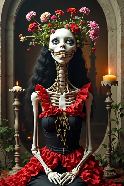 Ultra-realistic, photo-realistic, cinematic photography, realistic, hyperrealistic. A striking figure with an intricately elongated and skeletal neck creates a dramatic and surreal impression. The skin is pale, almost ghostly, stretching over the sinewy ...