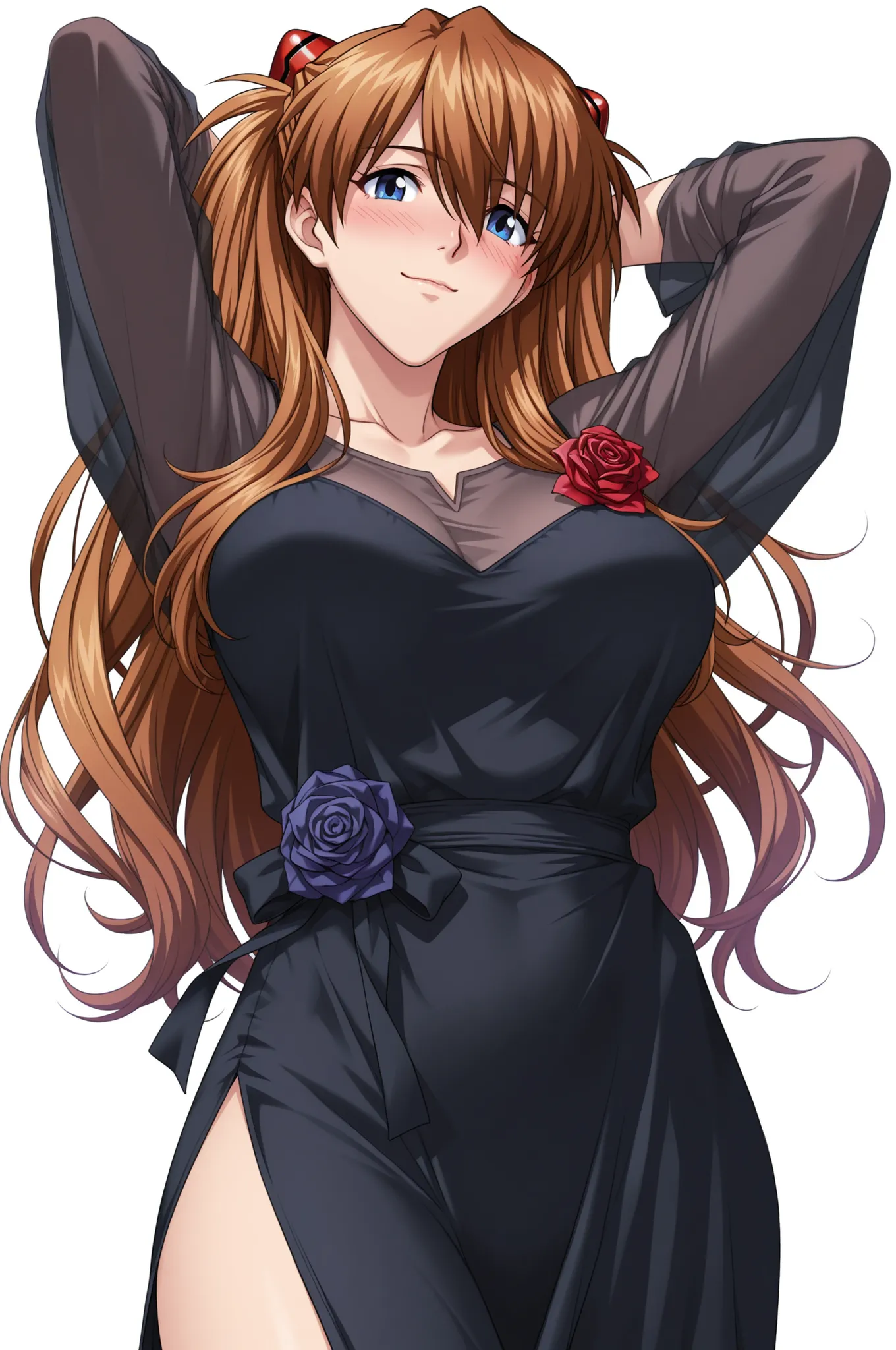 source_Evangelion,  cowboy shot, top quality。masterpiece。anatomically accurate。highly detailed eyes, perfect eyes, (Soryu Asuka Langley。brown hair。blue eyes, solo, mature female, feminine, long hair, kind smile, blush, standing), (big breasts:0.7), (black ...