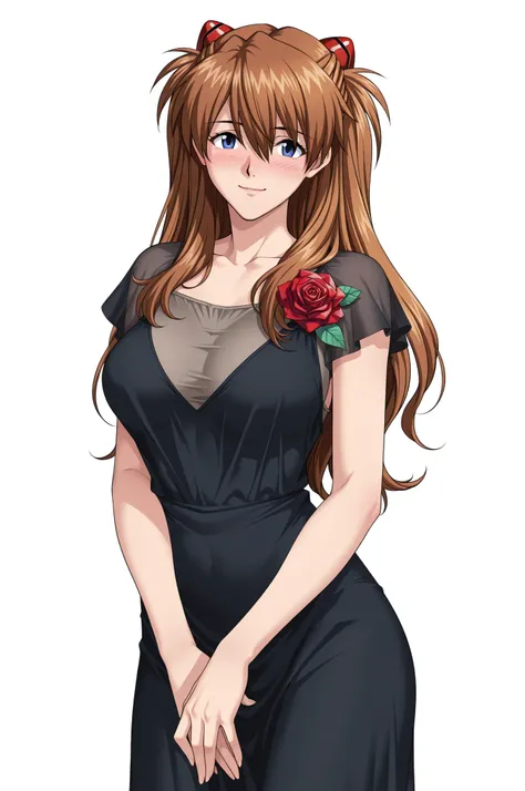 source_Evangelion,  cowboy shot, top quality。masterpiece。anatomically accurate。highly detailed eyes, perfect eyes, (Soryu Asuka Langley。brown hair。blue eyes, solo, mature female, feminine, long hair, kind smile, blush, standing), (big breasts:0.7), (black ...