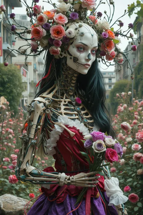 Ultra-realistic, photo-realistic, iconic characters, cinematic photography, cinematography, realistic, hyperrealistic, icon style. A female figure with a striking skeletal frame that creates a dramatic and surreal impression. The pale skin stretches ove...