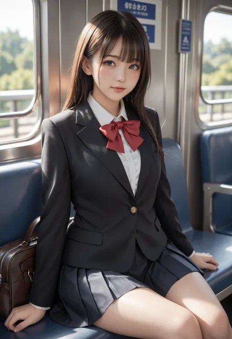 score_9, score_8_up, score_7_up, score_6_up, score_5_up, score_4_up, high resolution, 4K, solo, beautiful Japanese high school girl, detailed eyes, detailed cute face, puffy cheek, look for another side, sweat, black blazer, white blouse, a red ribbon, ple...