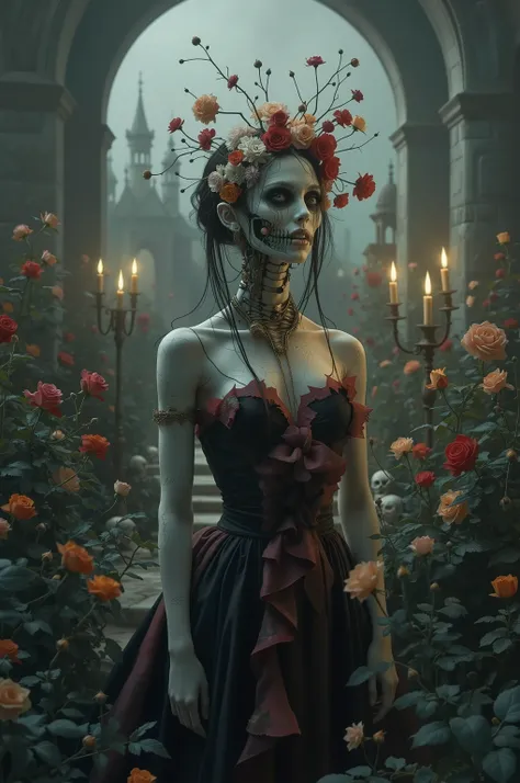 Ultra-realistic, photo-realistic, cinematic photography, realistic, hyperrealistic. A stunning figure with an intricately elongated and skeletal neck creates a dramatic and surreal impression. The skin is pale, almost ghostly, stretching over the sinewy ...