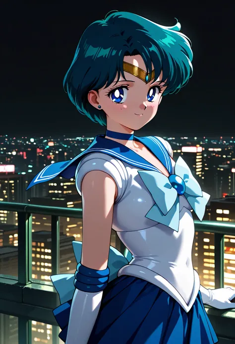 masterpiece, amazing quality, best quality, ultra-detailed, 8K, illustration, clear skin, ultra-detailed-eyes, soft skin, very awa, very as2, soft body, 1990s \(style\), official art, 1girl, ami mizuno, blue eyes, blue hair, short hair, parted bangs, small...