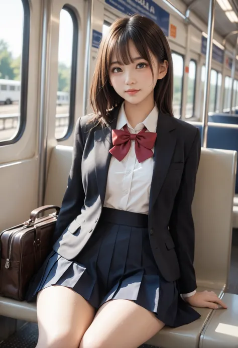 score_9, score_8_up, score_7_up, score_6_up, score_5_up, score_4_up, high resolution, 4K, solo, beautiful Japanese high school girl, detailed eyes, detailed cute face, puffy cheek, look for another side, sweat, black blazer, white blouse, a red ribbon, ple...