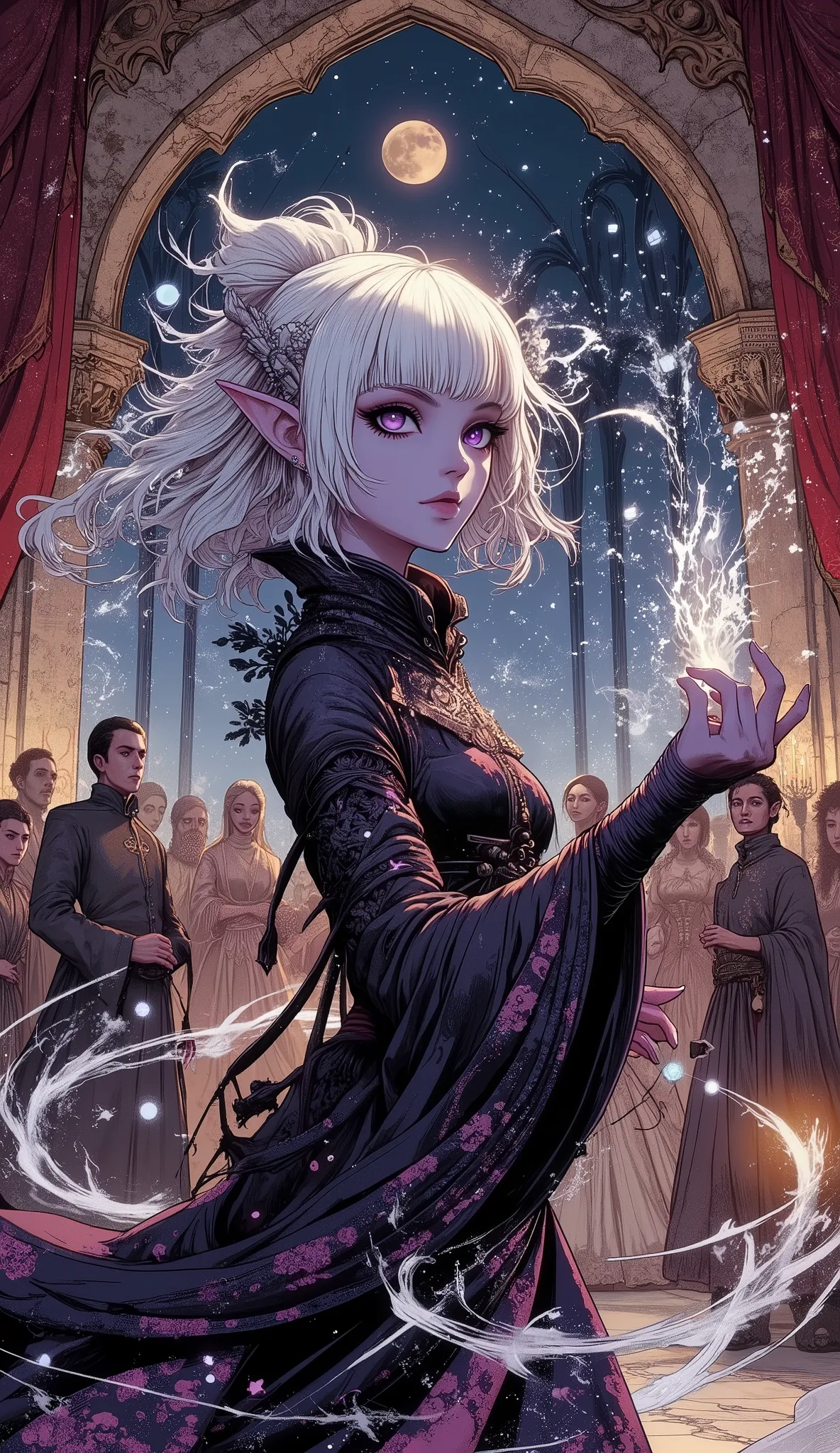 (A fusion of Ukiyo-e and dark fantasy. Aesthetic and gothic digital art. Illustrations are drawn from an oblique, looking-down perspective.) BREAK (White hair. Blunt bangs. White eyebrows. Long white eyelashes. Almond-shaped eyes. Lavender eyes. Dark, thic...