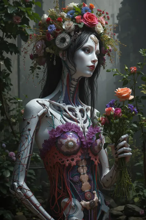 Ultra-realistic, photo-realistic, iconic character, cinematic photography, realistic, hyperrealistic, icon style. A striking female figure with an intricately elongated and skeletal frame that creates a dramatic and surreal impression. The skin is pale, a...