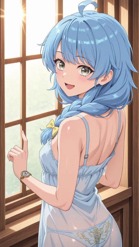 high resolution、Beautiful sunrise scenery、((Back view))I was looking outside from the window, but I noticed this and turned around I could see my body lines in the backlight of the sunrise 、4K,8K,HDR,PERFECT BODY,Smallbreasts。Correct skeleton、Correct finge...